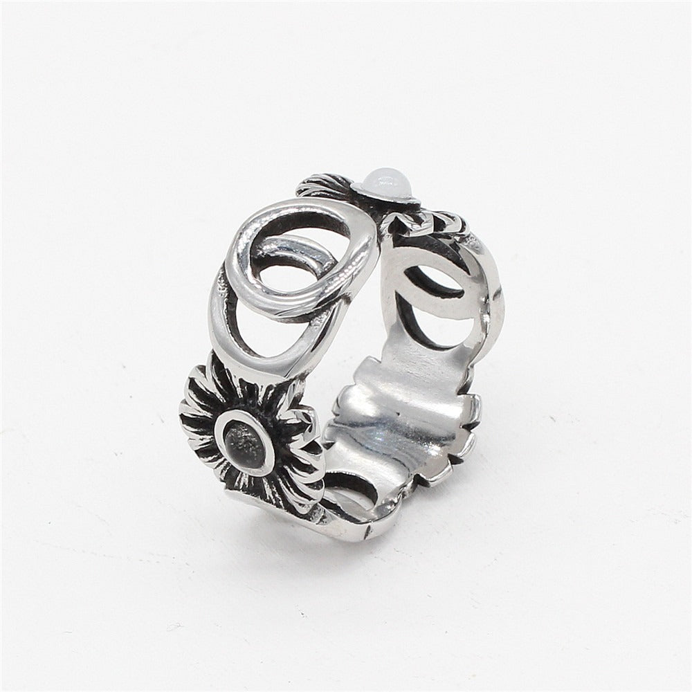 Kemstone Titanium Steel Sunflower Ring for Men Vintage Openwork Blue Detail R1125