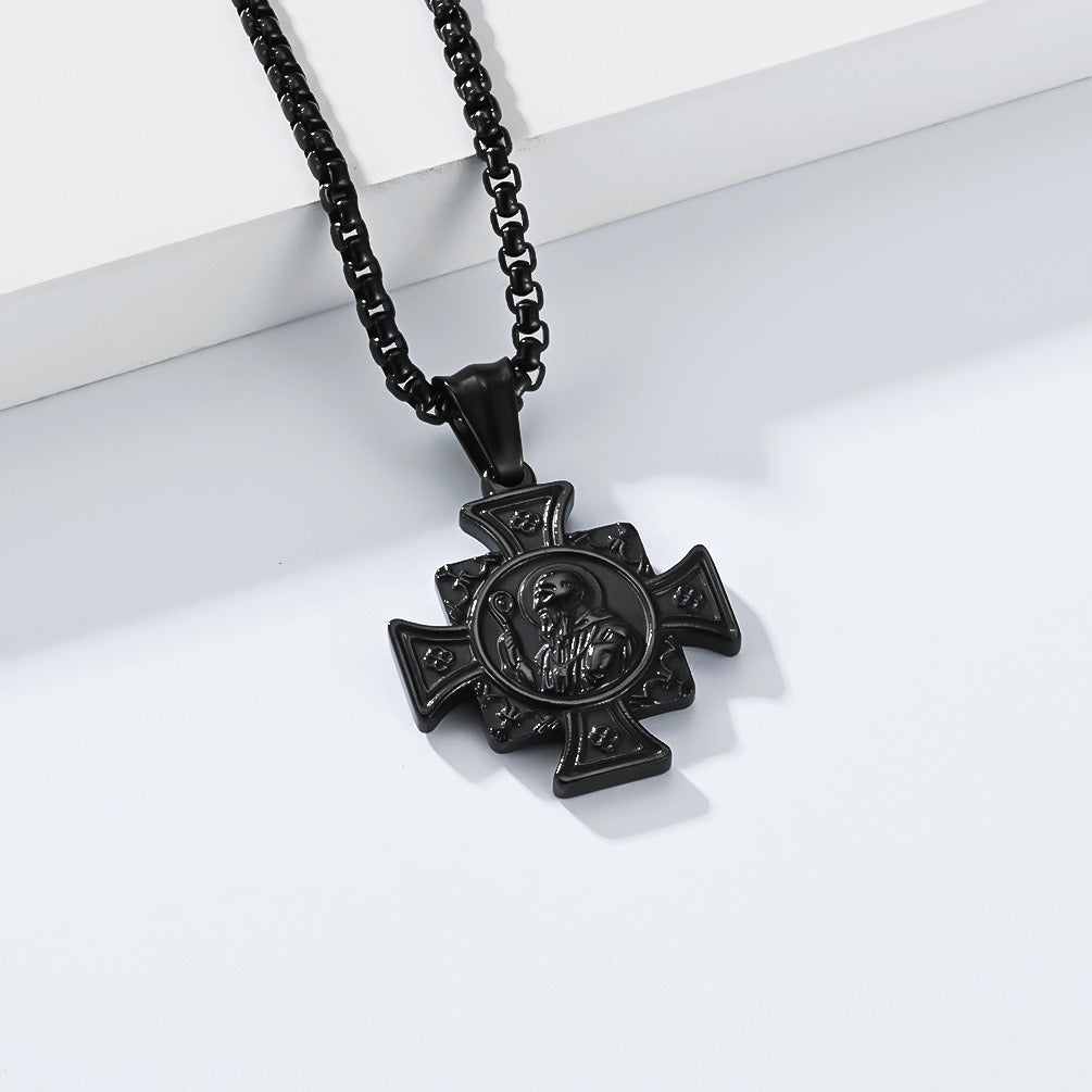 Kemstone Titanium Steel Cross Pendant Necklace for Men Vintage Engraved Medallion Silver Gold Black K-PT710