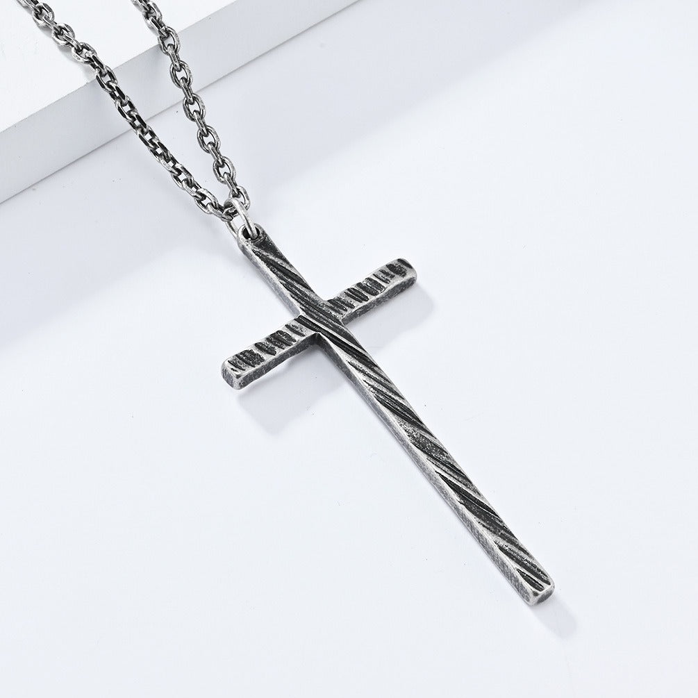 Kemstone Slim Textured Cross Pendant Necklace for Men Stainless Steel Vintage K-PT547