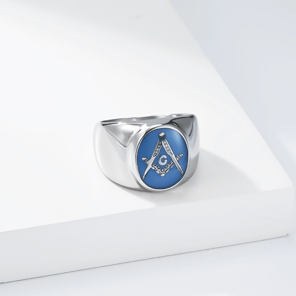 Kemstone Stainless Steel Freemason Blue Emblem Signet Ring for Men Vintage Symbol K-R1182