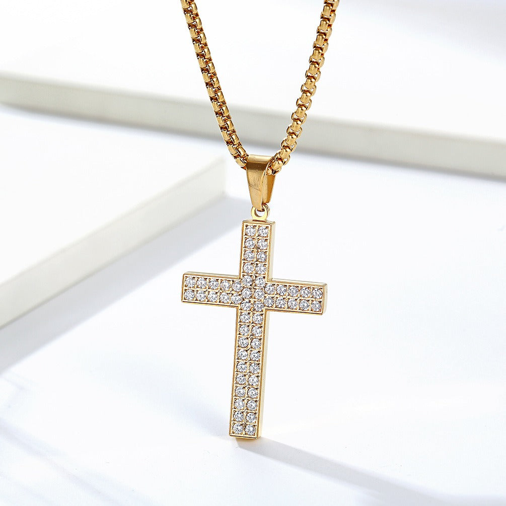 Kemstone Titanium Steel CZ Cross Necklace – Full Pave Cubic Zirconia Pendant for Men & Women K-PT477