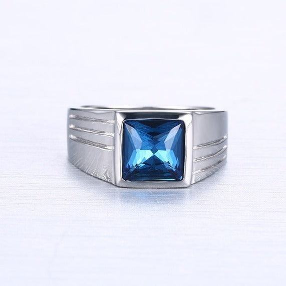 Kemstone Stainless Steel Blue Cubic Zirconia Ring for Men Silver RC-269