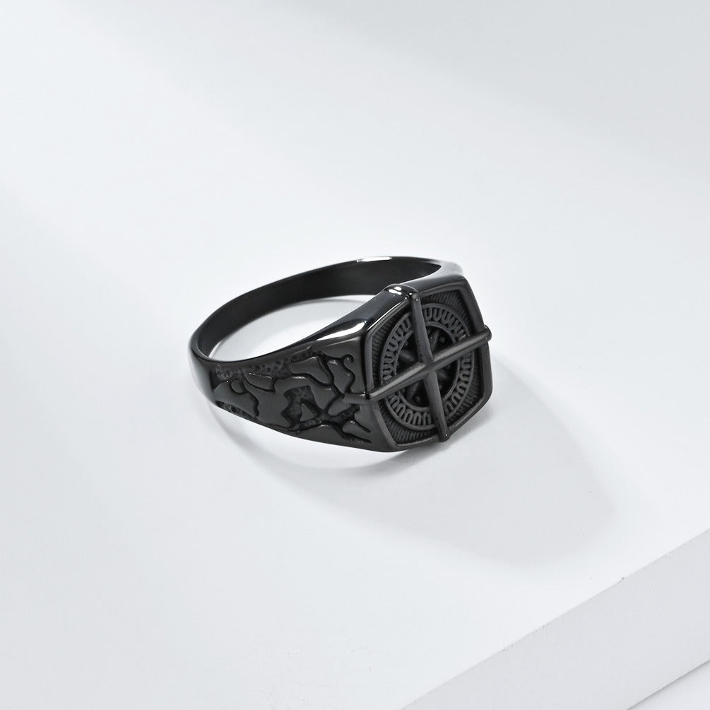Kemstone Nautical Compass Stainless Steel Signet Ring for Men – Vintage Cross Dial Design K-R853