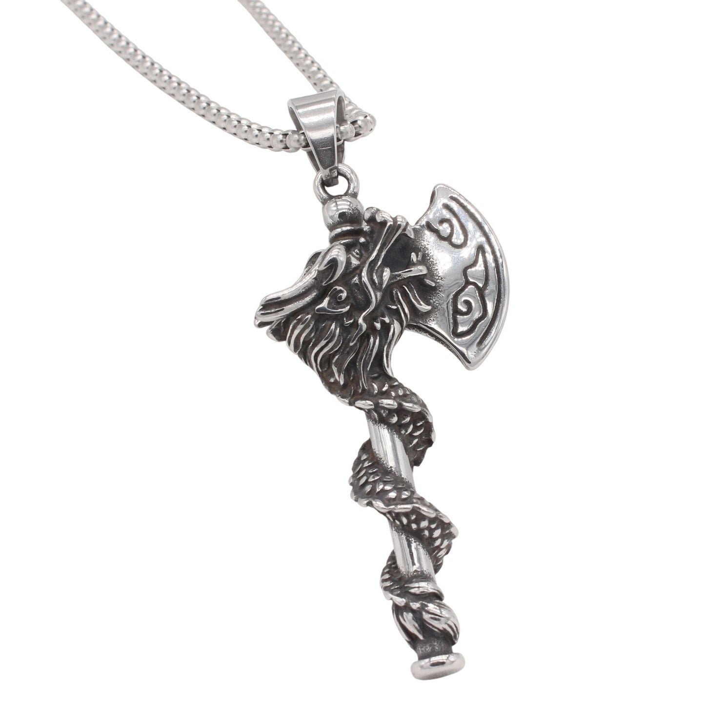 Kemstone Men’s Titanium Steel Dragon Axe Necklace – Viking-Inspired Jewelry A17-P1472