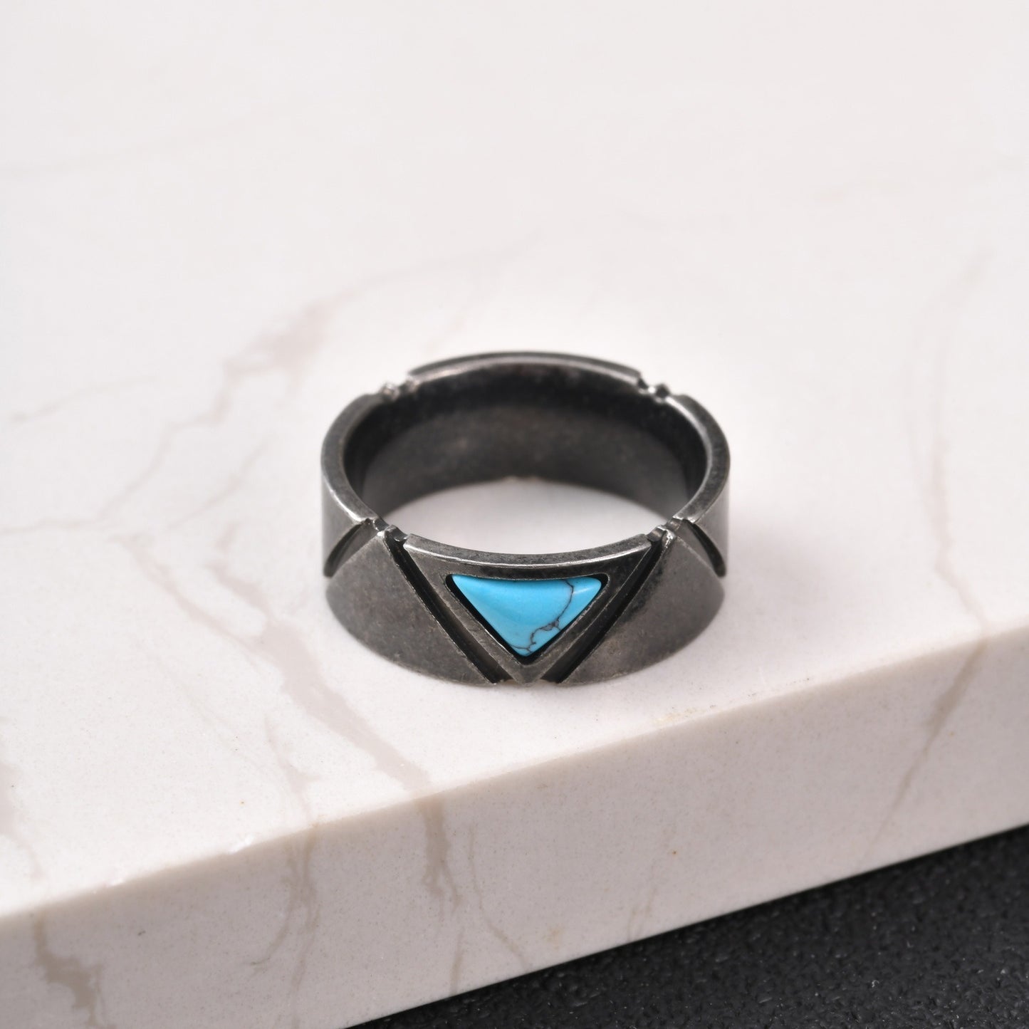 Kemstone Stainless Steel Triangle Turquoise Ring for Men Vintage Gray RC-111