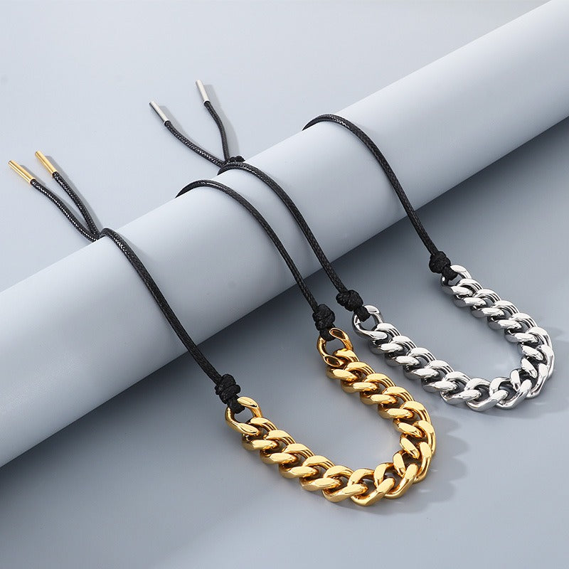 Kemstone Titanium Steel Cuban Link Necklace for Men,Black Wax Cord Western Style Gold Silver KN290590-Z