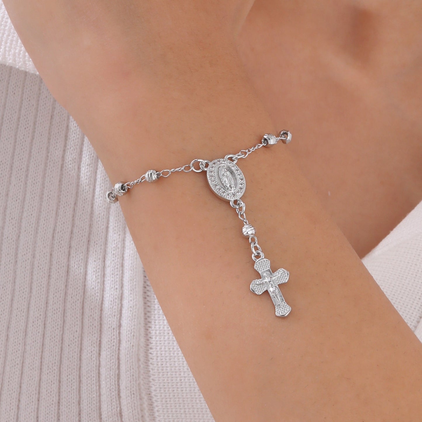 Vintage Copper Floral Bead Bracelet with Oval Madonna & Cross Charm – Faith-Inspired Jewelry for Women PBR-128