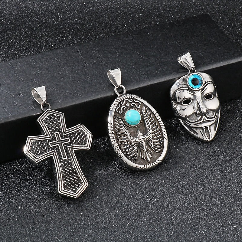 Kemstone Turquoise Eagle Amulet Necklace – Tribal Cross & Evil Eye Pendant for Men, Gothic Streetwear Jewelry KP100398