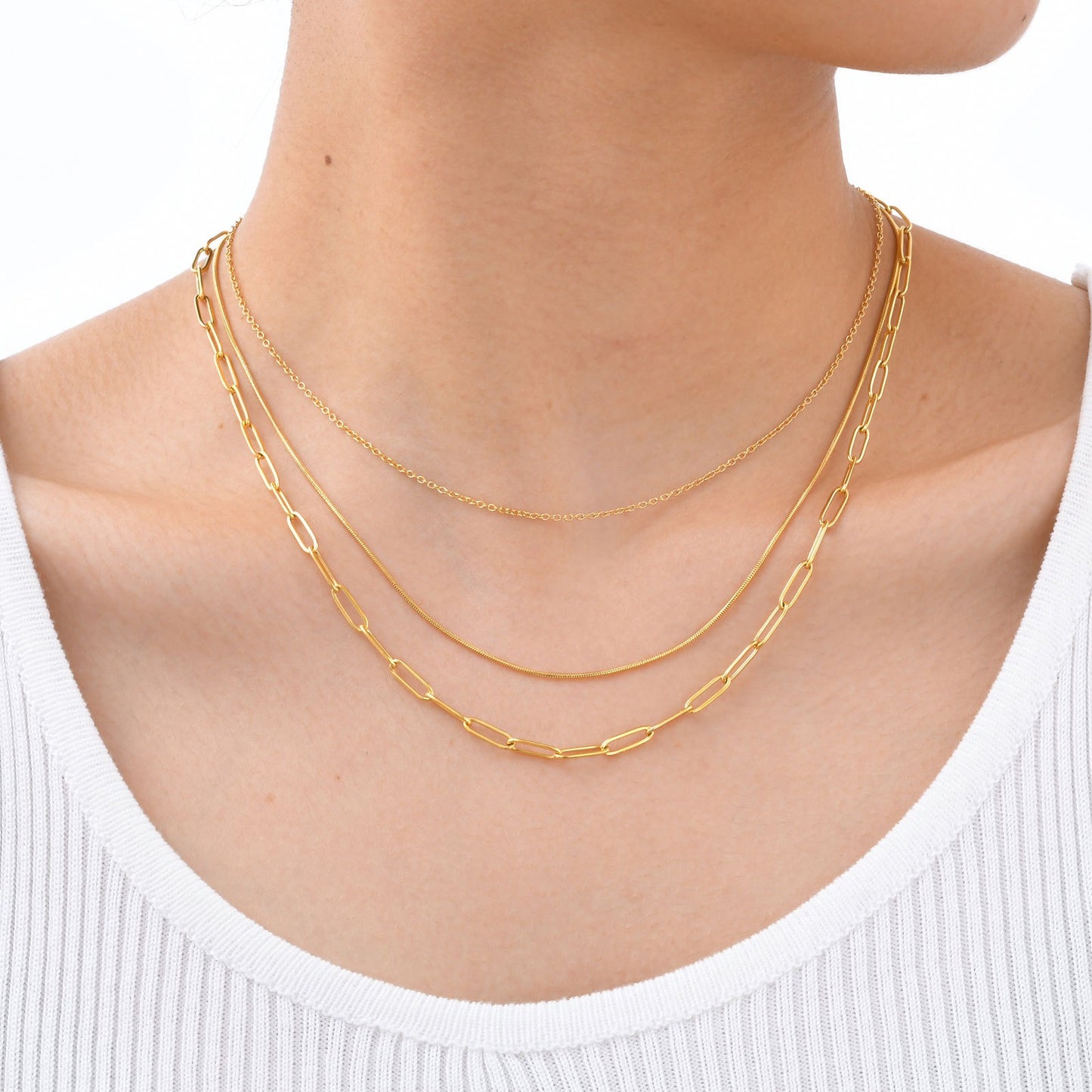 Triple-Layered Stainless Steel Necklace with Flat Cross, Snake & Square Chains – Modern Minimalist Jewelry for Women NC-1353