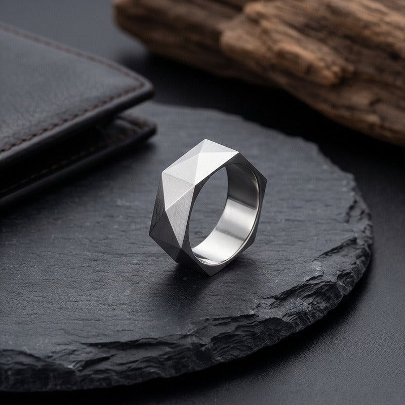 Kemstone Diamond Cut Geometric Ring for Men Titanium Steel Wide Band KR115325-KFC