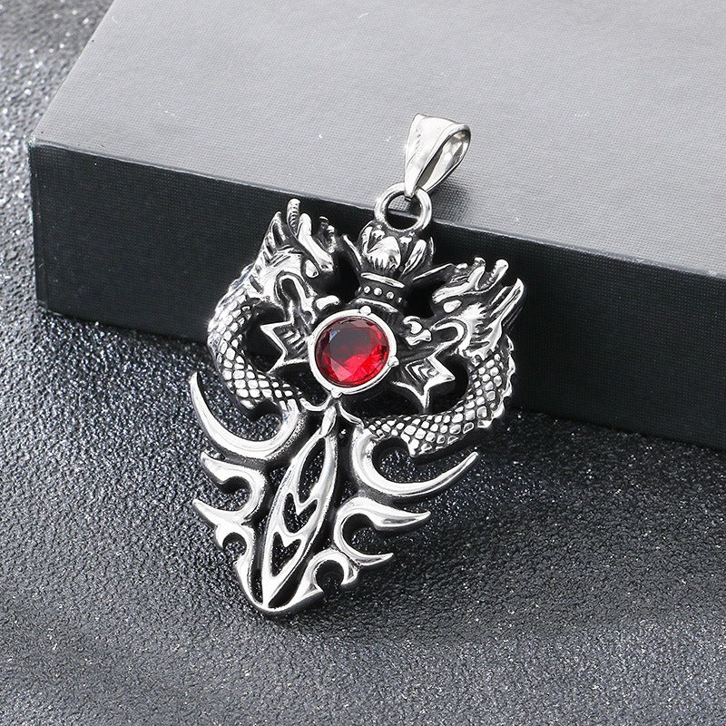 Kemstone Vintage Double Dragon Pendant Necklace Titanium Steel Sword with Cubic Zirconia for Men KP117722-LU