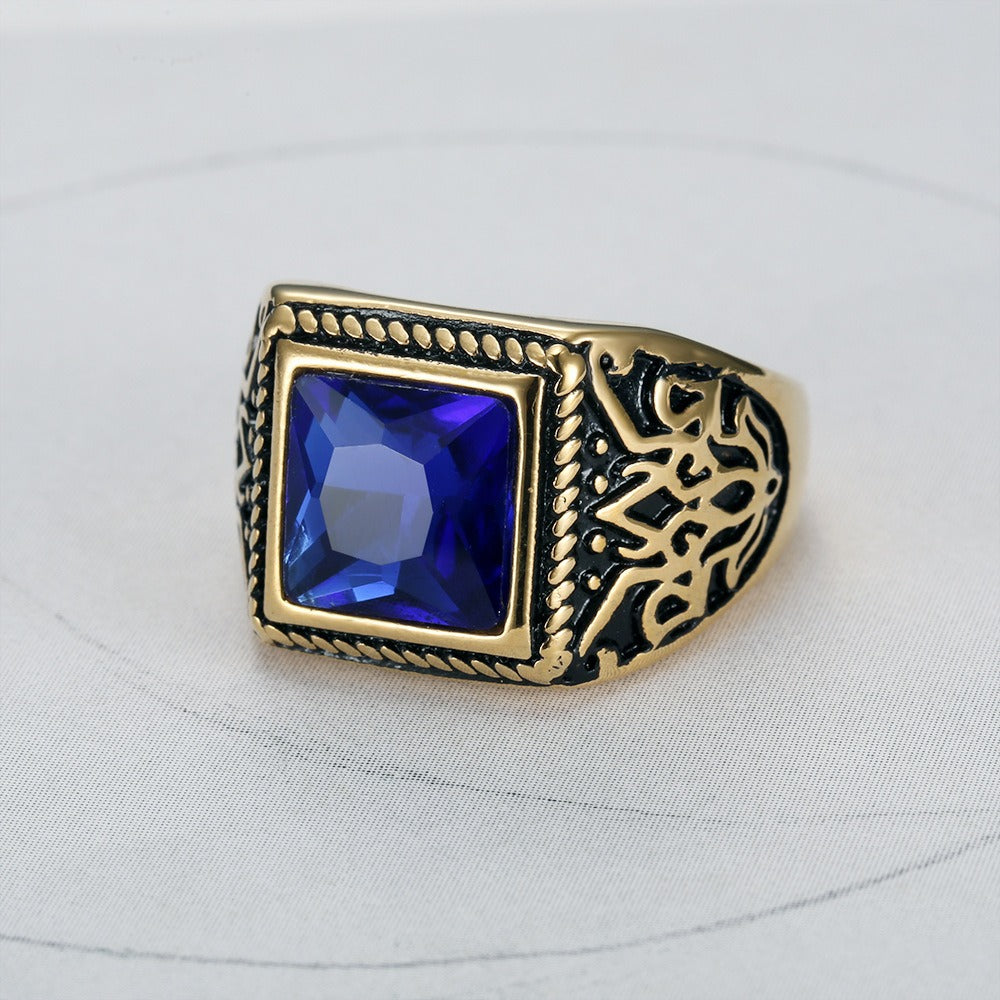 Kemstone Square Cubic Zirconia Ring for Men Stainless Steel Engraved Vintage TR0280