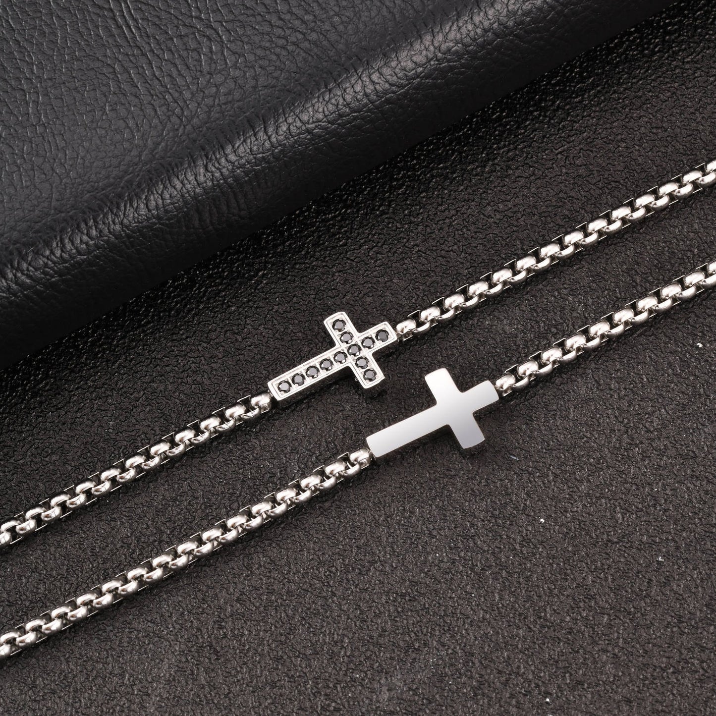 Kemstone Stainless Steel Cross Bracelet for Men Black Cubic Zirconia Box Chain BR-2766