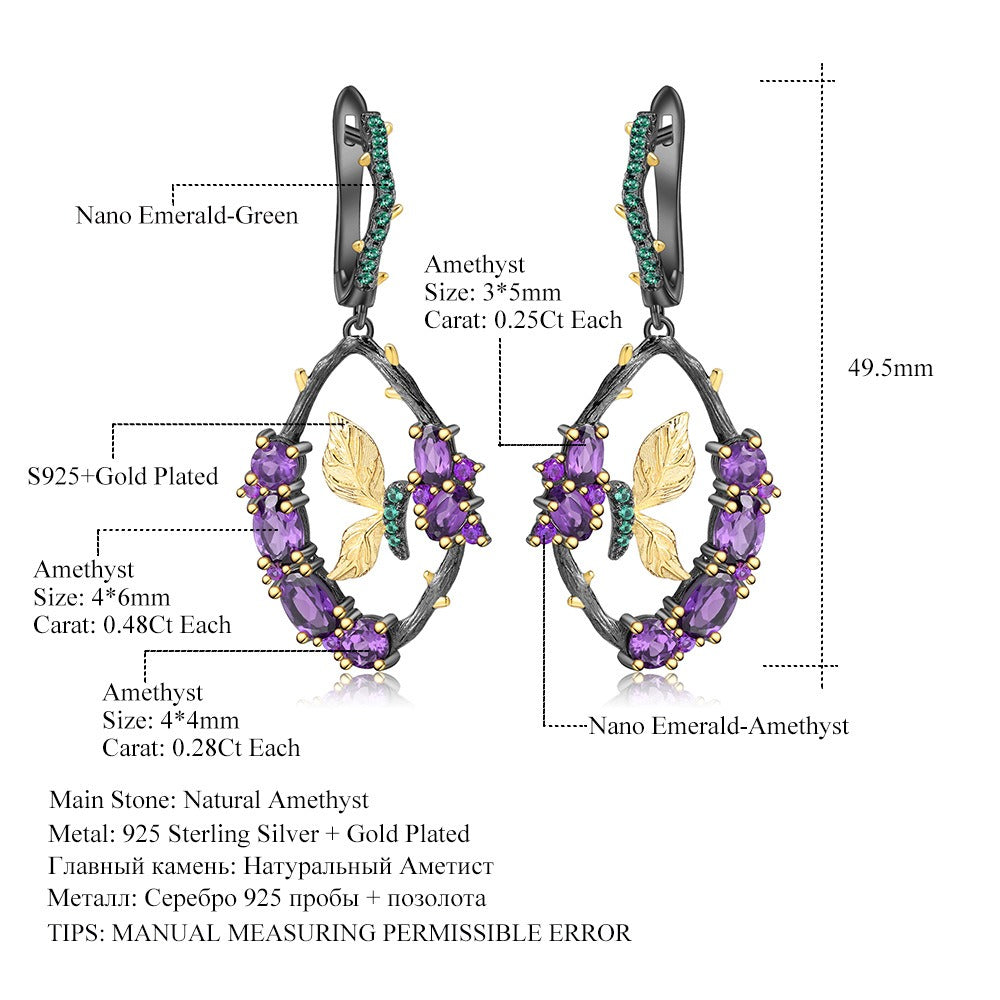 Kemstone Handcrafted Original Design 0.48Ct Natural Amethyst Gemstone Dangle Drop Earrings with Butterfly Design S925 Sterling Silver Jewelry,2"