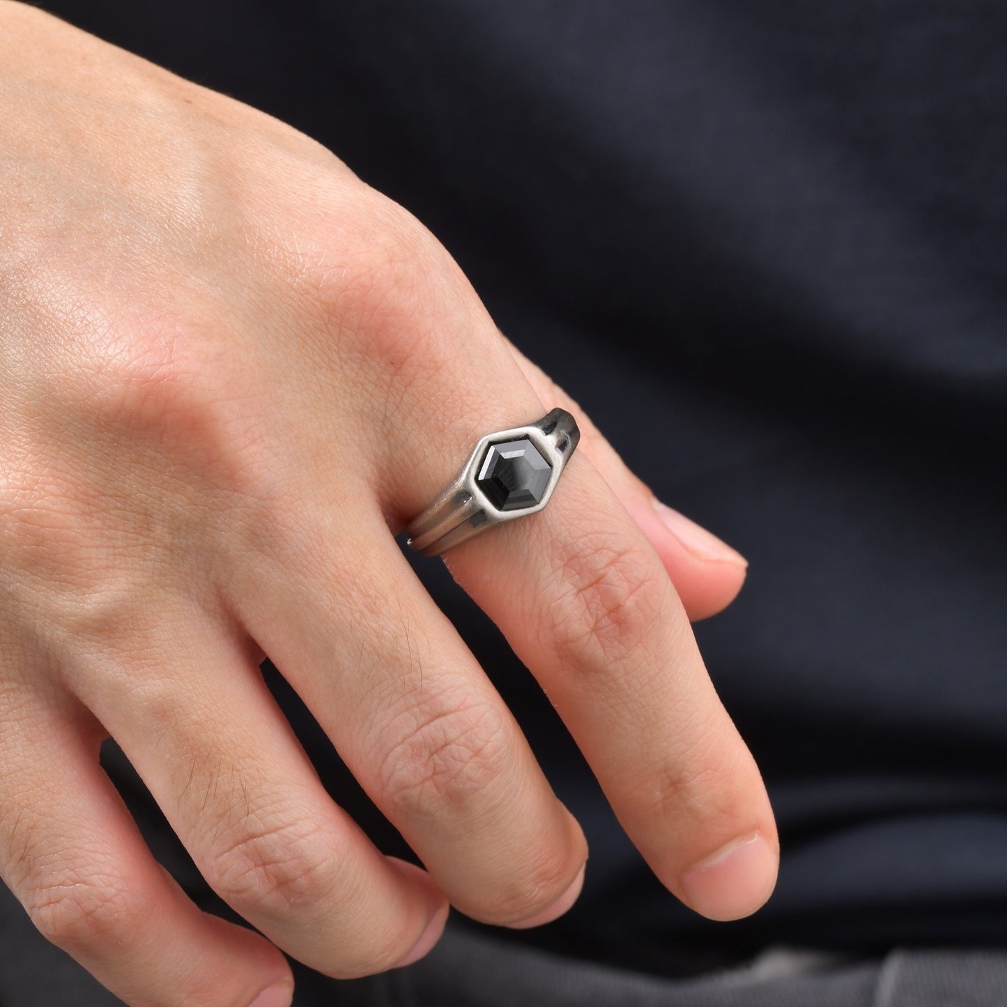 Kemstone Stainless Steel Hexagon Cubic Zirconia Signet Ring for Men Vintage Silver RC-985