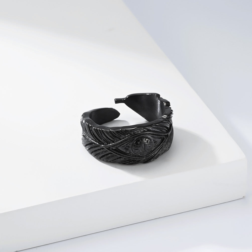 Kemstone Feather Ring for Men Titanium Steel Adjustable Open Band KR1155