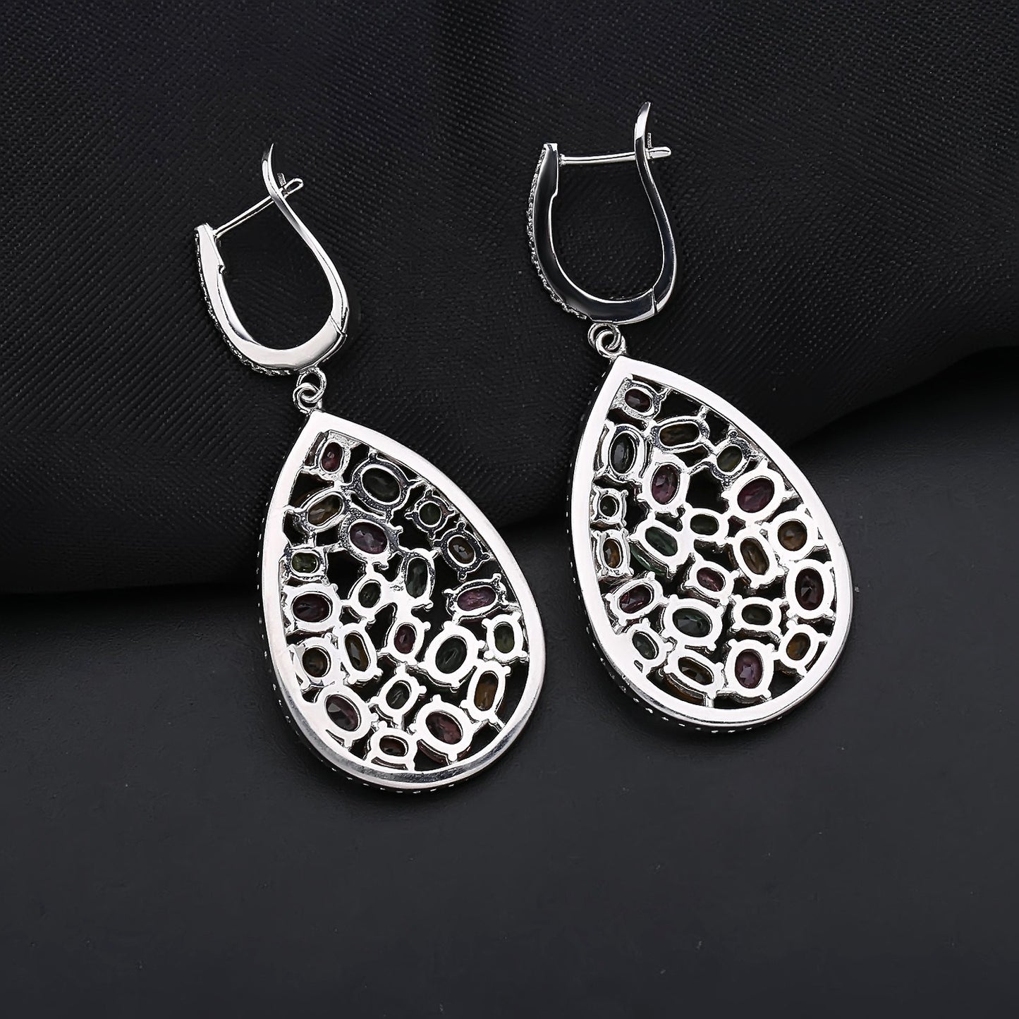 Kemstone Handcrafted Drop Earrings | Natural Multi-Color Tourmaline, Chrome Diopside & Sky Blue Topaz | 925 Sterling Silver | Vintage Boho Style
