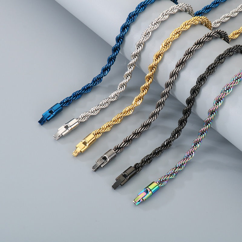 Kemstone Titanium Steel Rope Chain Bracelet & Necklace for Men – Hip Hop Twisted Link, 6 Colors KN299096-KFC