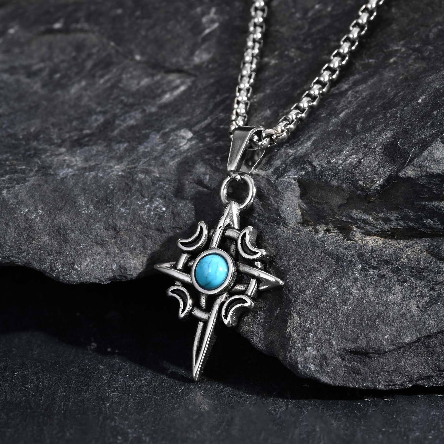 Kemstone Stainless Steel Star Moon Turquoise Pendant Necklace for Men PN-2111
