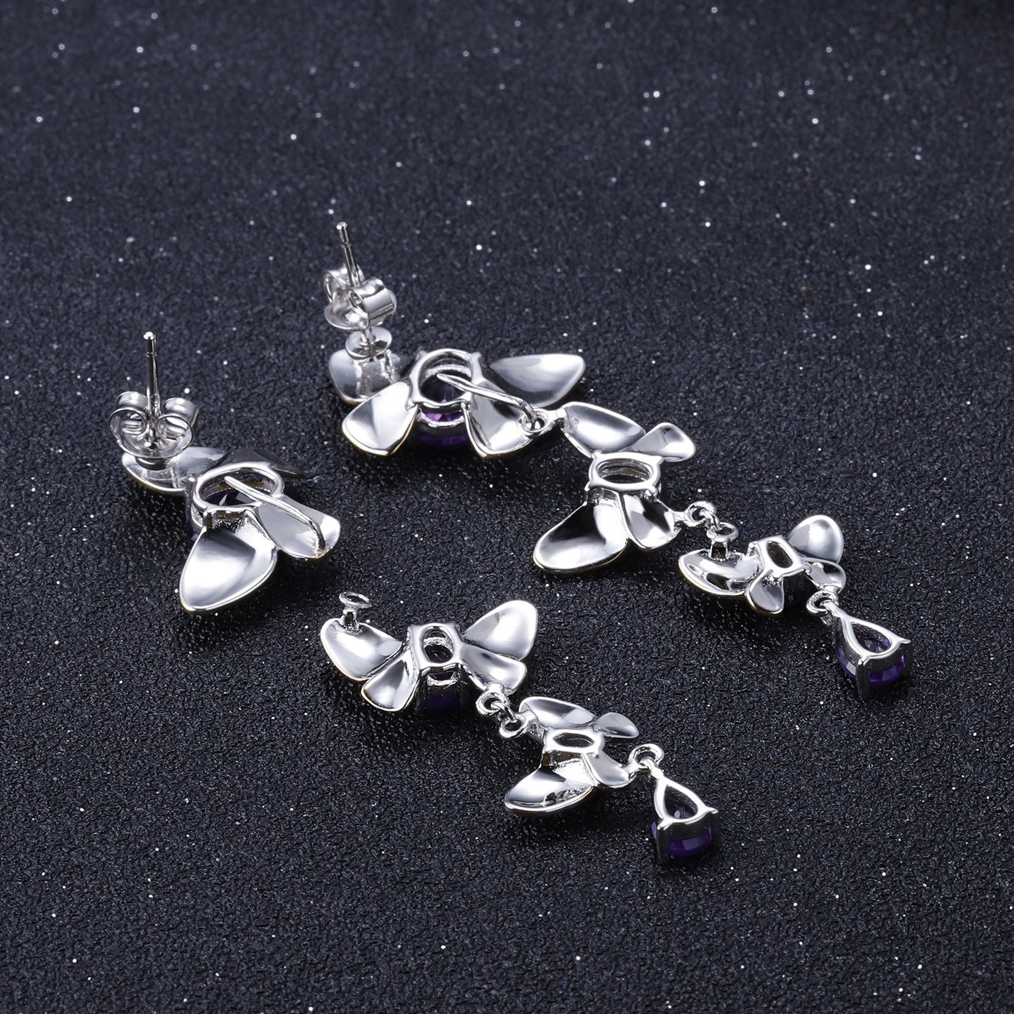 Pendientes colgantes de plata de ley S925 con gemas, diseño original artesanal de Kemstone, con diseño de mariposa de amatista natural y topacio azul suizo para mujer.