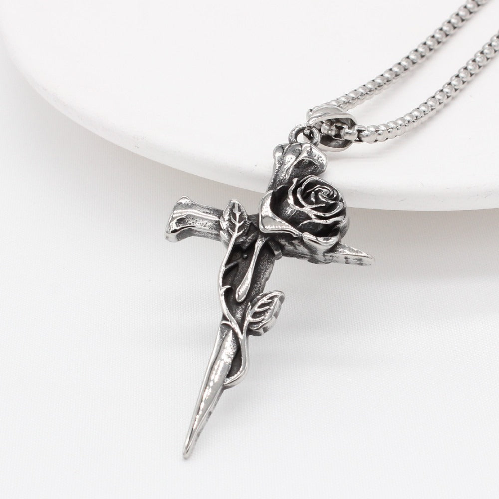 Kemstone Stainless Steel Cross Pendant Necklace for Men Women Rose Detail Vintage P0999