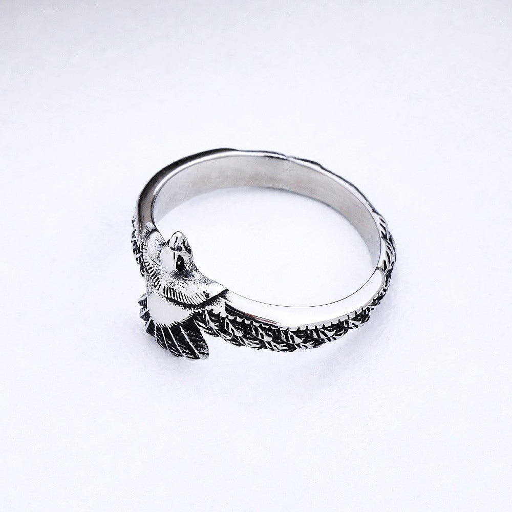 Kemstone Flying Eagle Ring for Men Titanium Steel Feather Engraved R1232