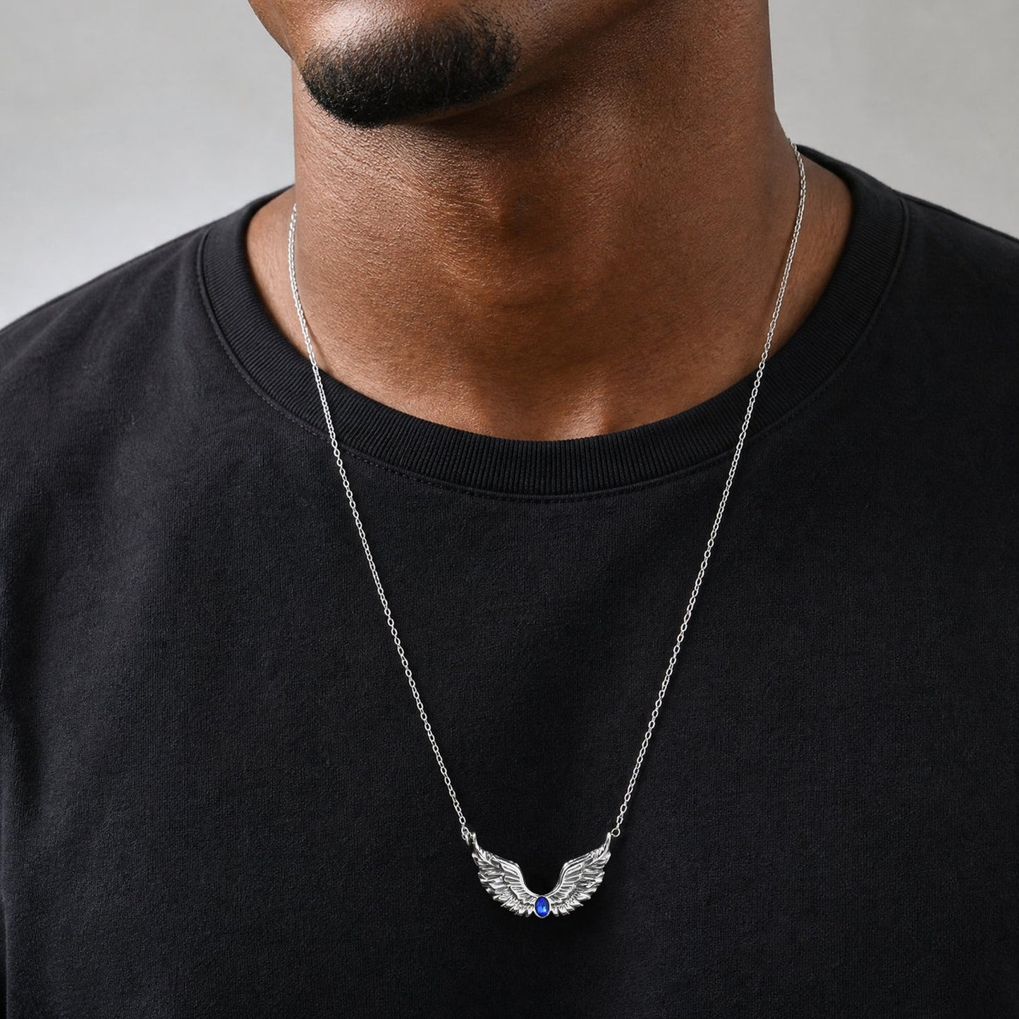 Kemston Stainless Steel Feather Wing Necklace for Men Cubic Zirconia Inlay NC-2878