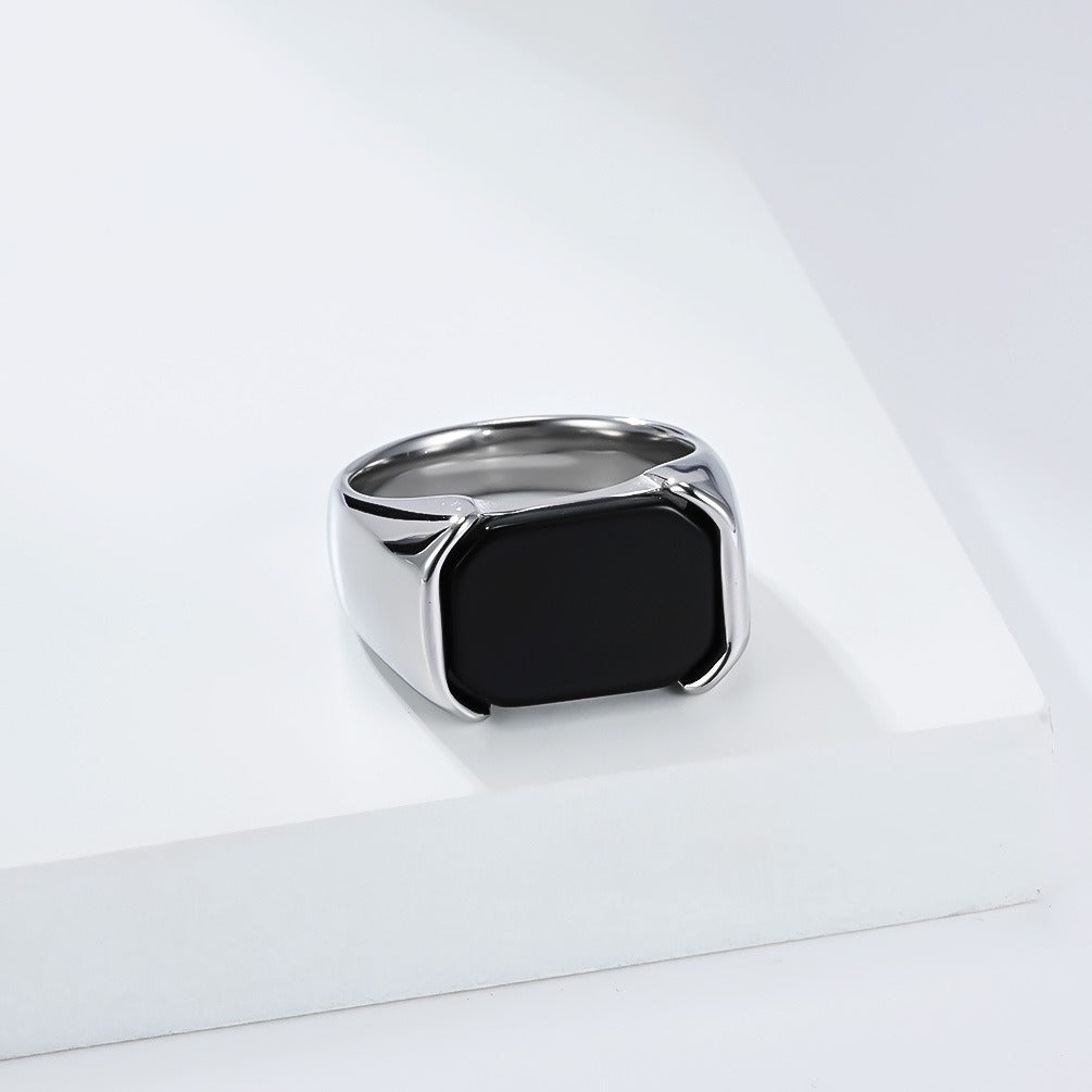Kemstone Men’s Stainless Steel Black Onyx Ring – Rectangular Signet Band K-R1075