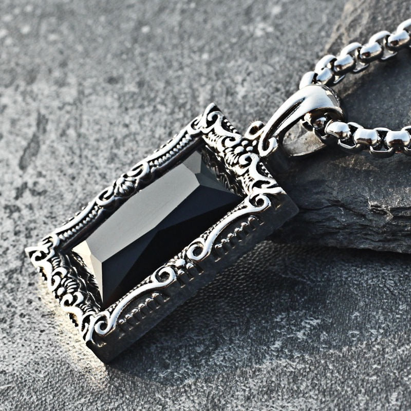 Kemstone Black Stone Pendant Necklace for Men Titanium Steel Vintage Frame P0791