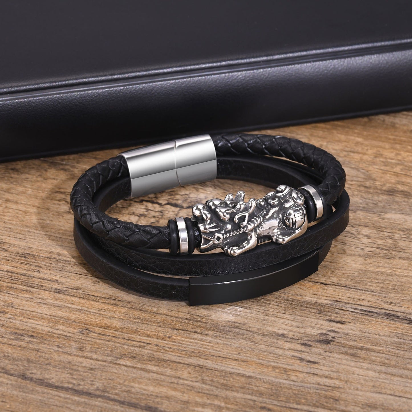 Kemstone Men’s Black Leather Bracelet – Triple-Layer Band with Stainless Steel Pixiu Charm BL-681