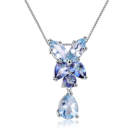 Kemstone Blue Topaz Necklace - Floral Design, S925 Sterling Silver Jewelry, 18"