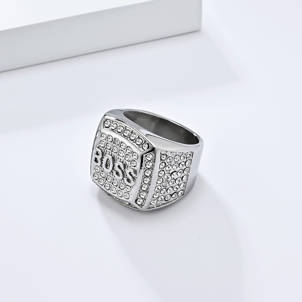 Kemstone Signet Ring for Men Stainless Steel Letter Cubic Zirconia Silver Gold K-R936