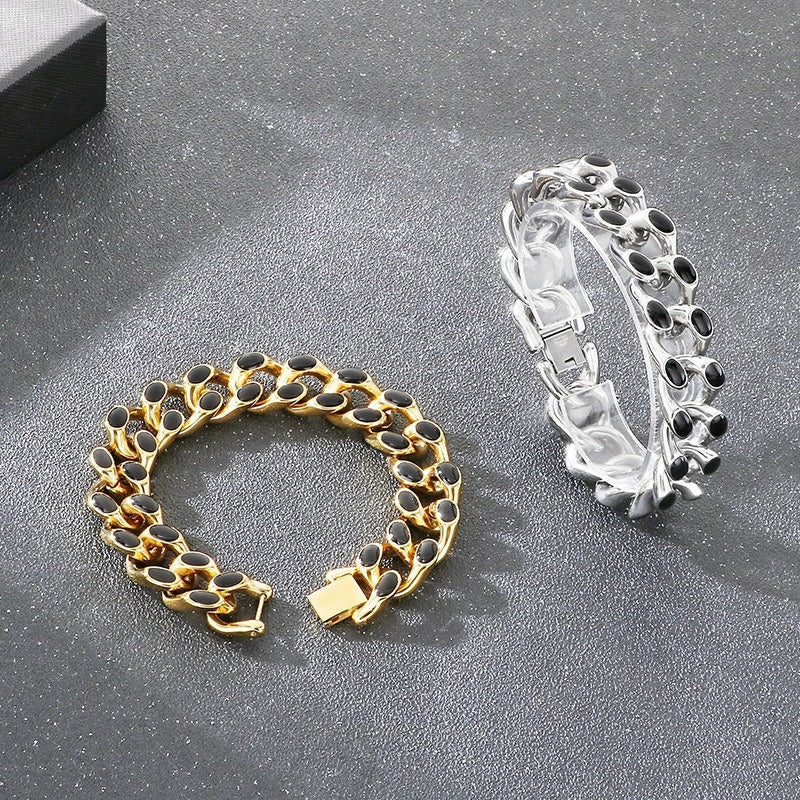 Kemstone Cuban Link Bracelet for Men Titanium Steel Black Inlay Chunky Heavy Chain Hip Hop Gold Silver KB202409-KJX