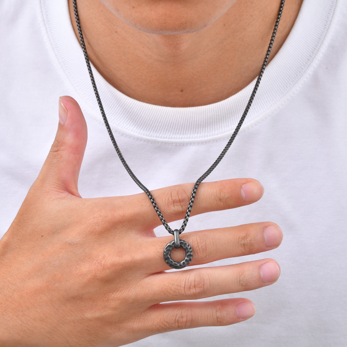 Kemstone Hammered Circle Pendant Necklace for Men Stainless Steel Vintage Gray NC-3011
