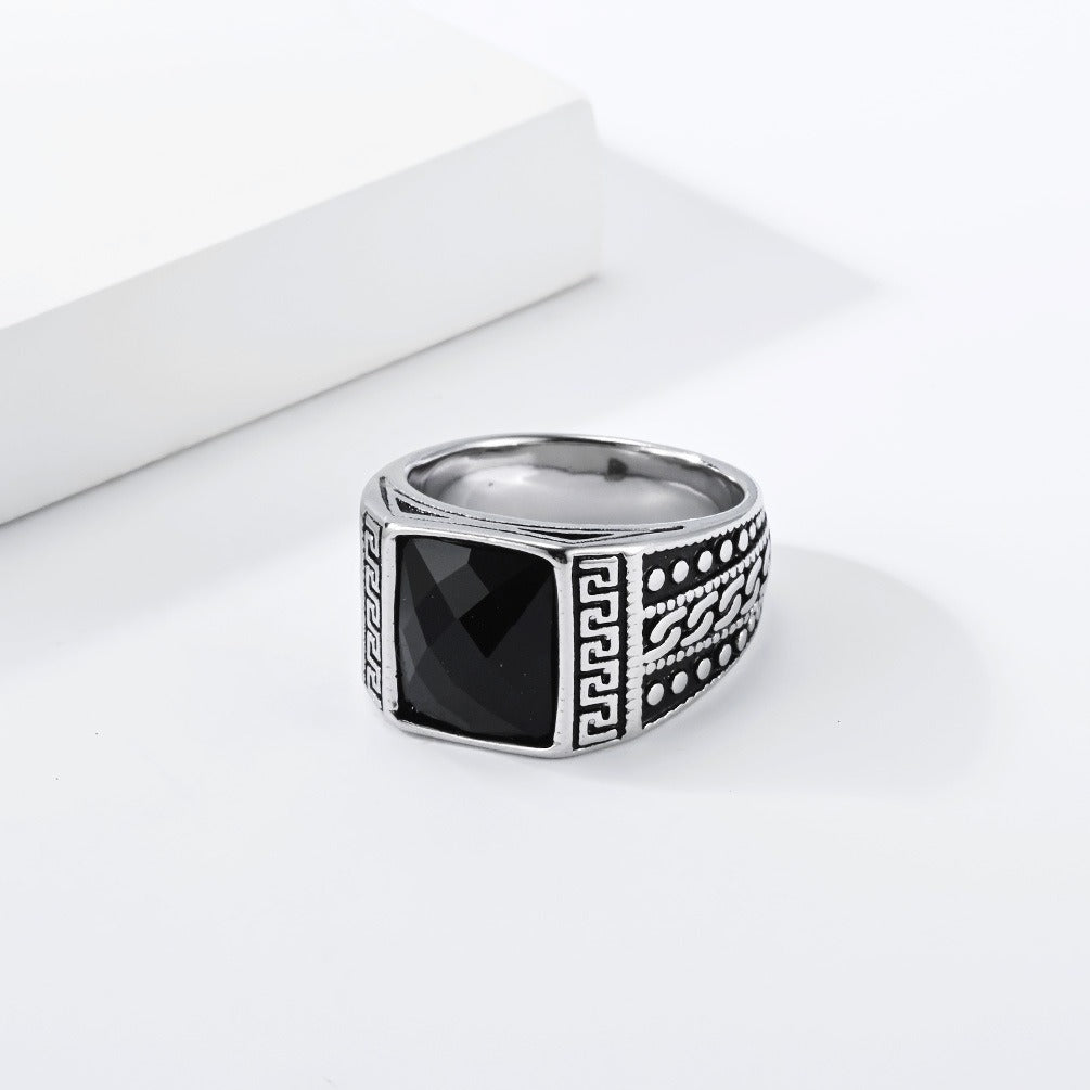 Kemston Stainless Steel Engraved Square Stone Signet Ring for Men R7007