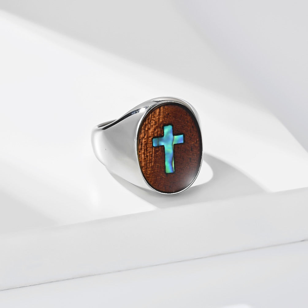 Kemstone Wood Inlay Cross Signet Ring for Men Stainless Steel Vintage K-R12390