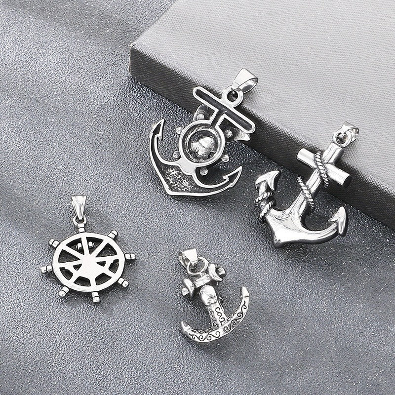 Kemstone Anchor Pendant Necklace Titanium Steel Nautical Wheel Skull Cross Design for Men Silver KP117037-LU