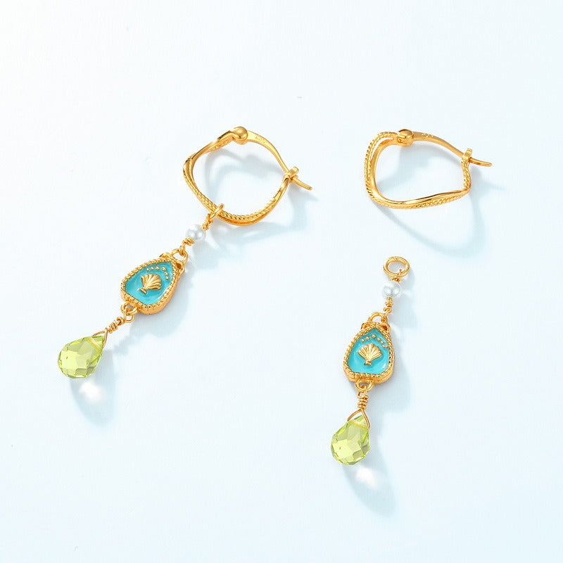 Pendientes colgantes de peridoto esmaltado, diseño original, hechos a mano por Kemstone para mujer - Plata S925 con baño de oro de 10 quilates
