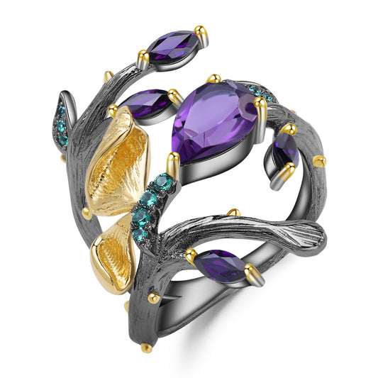 Kemstone Natural Amethyst Gemstones Rings Butterfly Design Sterling Silver Ring,Gold and Black Plating