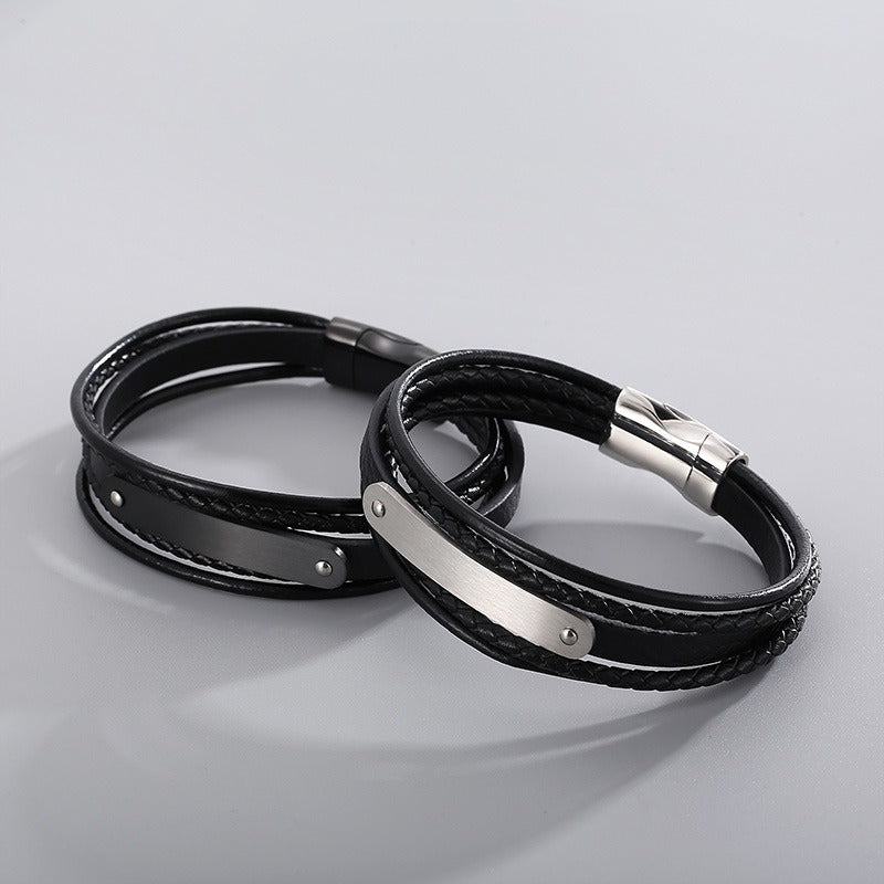 Kemstone Men’s Leather Bracelet – Titanium Steel Multi-Layer Braided Wristband B140193