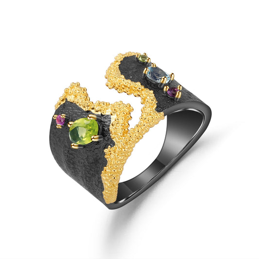 Kemstone Designer-Edelsteinring S925 Sterlingsilber mit natürlichem Peridot/Amethyst/Topas 