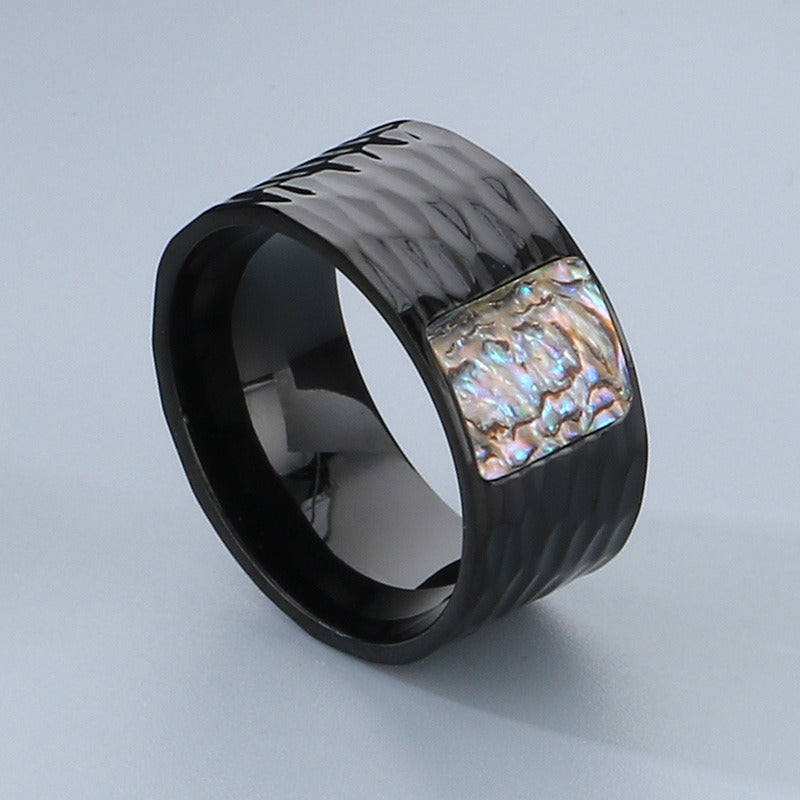 Kemstone Men’s Abalone Shell Ring – Hand-Hammered Stainless Steel Band KR110050