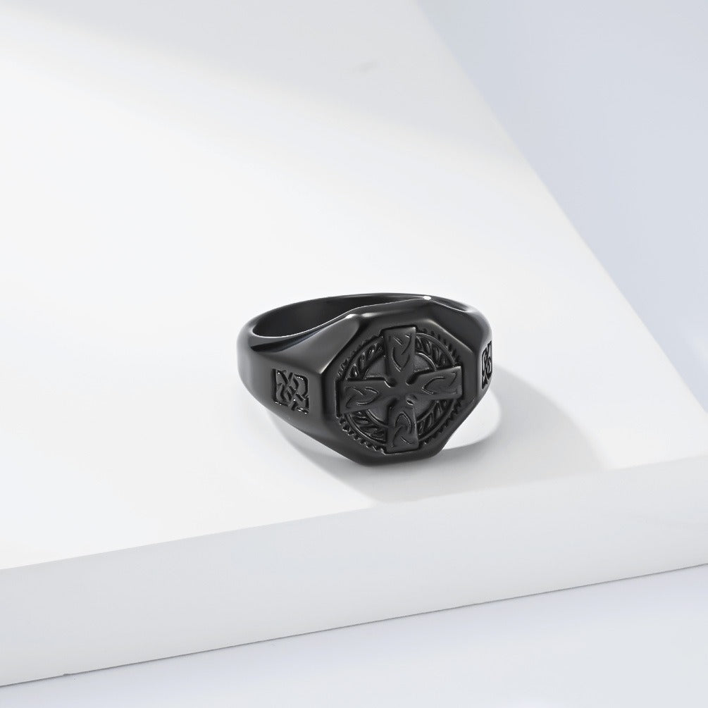 Kemstone Stainless Steel Celtic Cross Ring for Men Vintage Knot Signet Nordic Style Silver Gold Black K-R1142