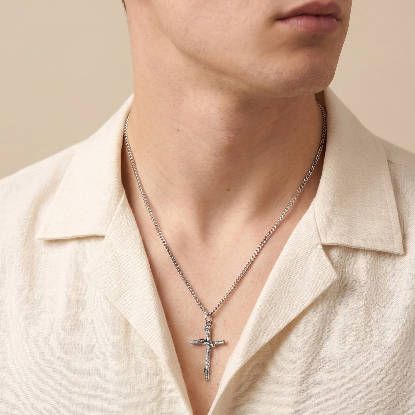 Kemstone Branch Cross Pendant Necklace Stainless Steel Chain Silver for Men PNB-403