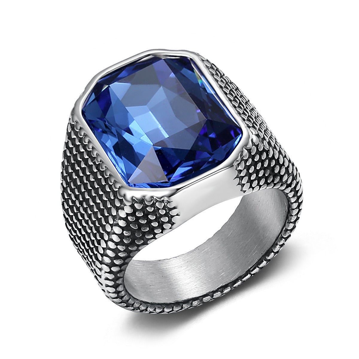 Kemstone Hip-hop Retro Distressed Zircon Men's Ring - Wide Band Stainless Steel Edgy Single Statement Piece TR0441