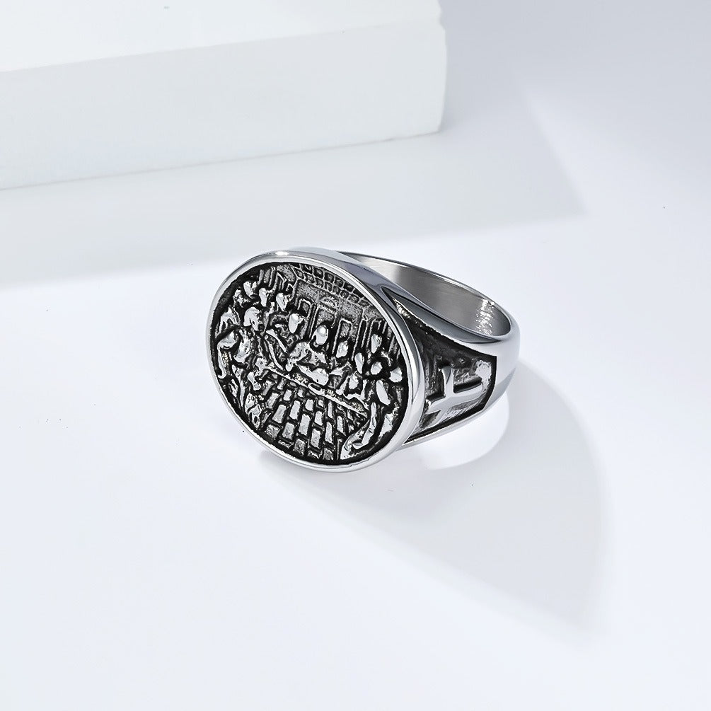 Kemstone Stainless Steel Last Supper Ring for Men – Vintage Cross Symbol Band K-R1085