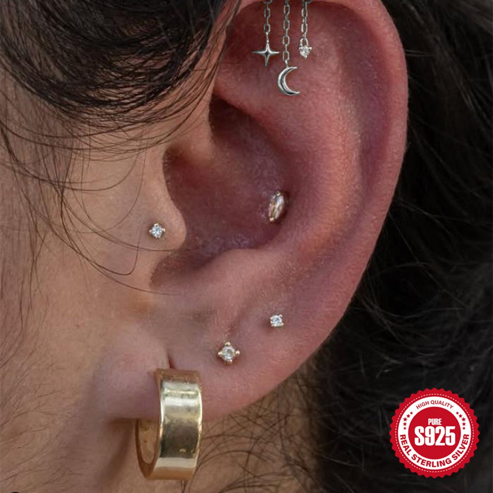 Kemstone 925 Sterling Silver Star Moon Tassel Cartilage Stud for Women Cubic Zirconia Flat Back Earring 60259399681