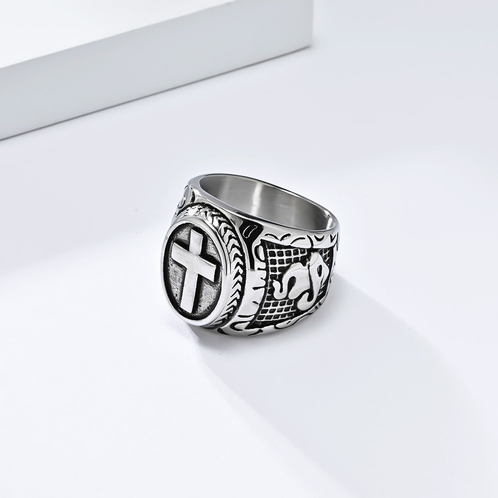 Kemstone Stainless Steel Vintage Cross Signet Ring for Men K-R958