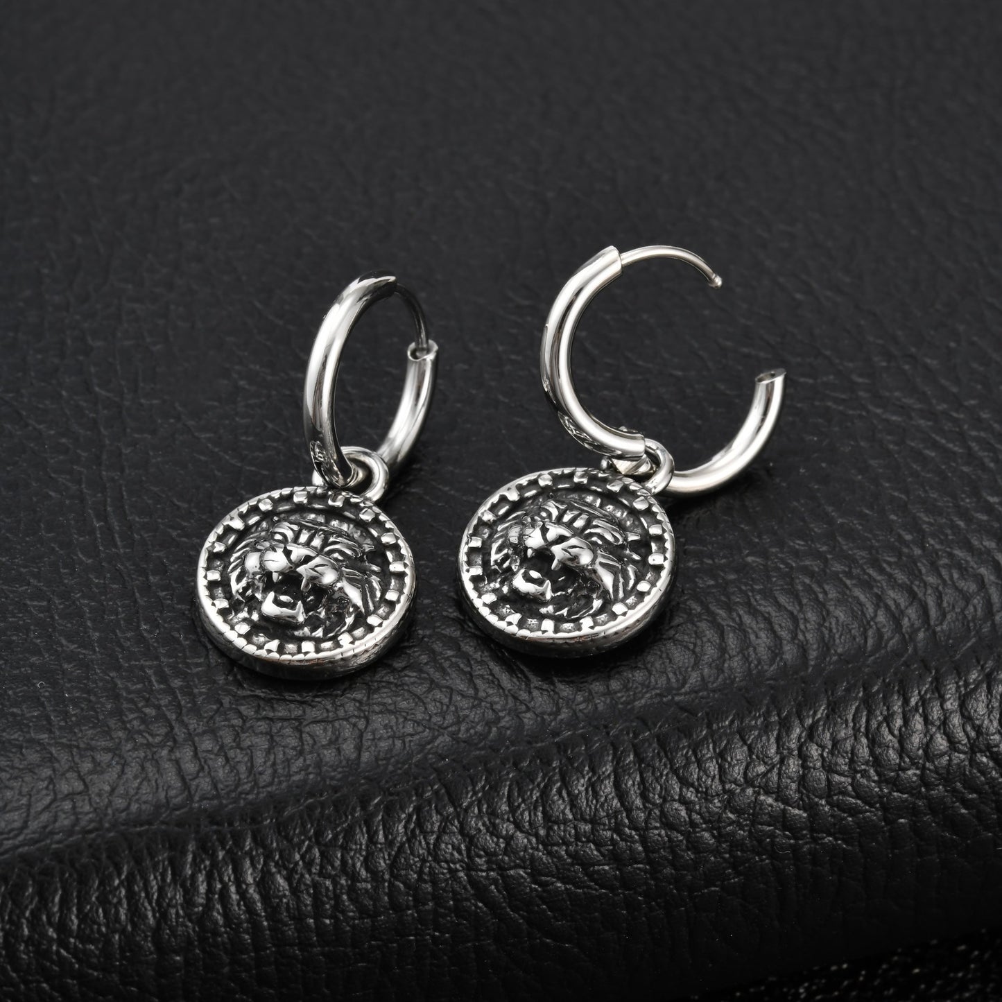 Kemstone Stainless Steel Tiger Coin Dangle Hoop Earring for Men Vintage ED-1085
