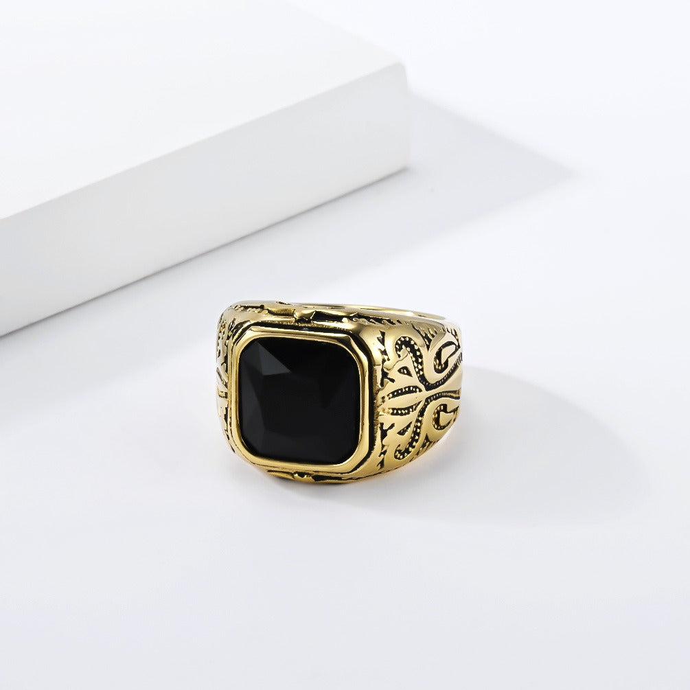 Kemston Black Stone Signet Ring for Men Stainless Steel Vintage Engraved Design K-R1199